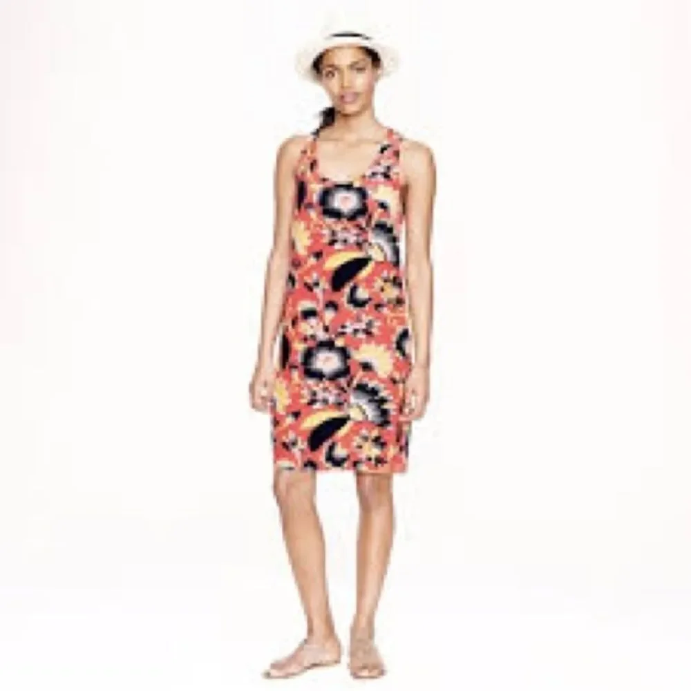 J Crew Tropical Silk Hibiscus Coral Twist Back Sundress